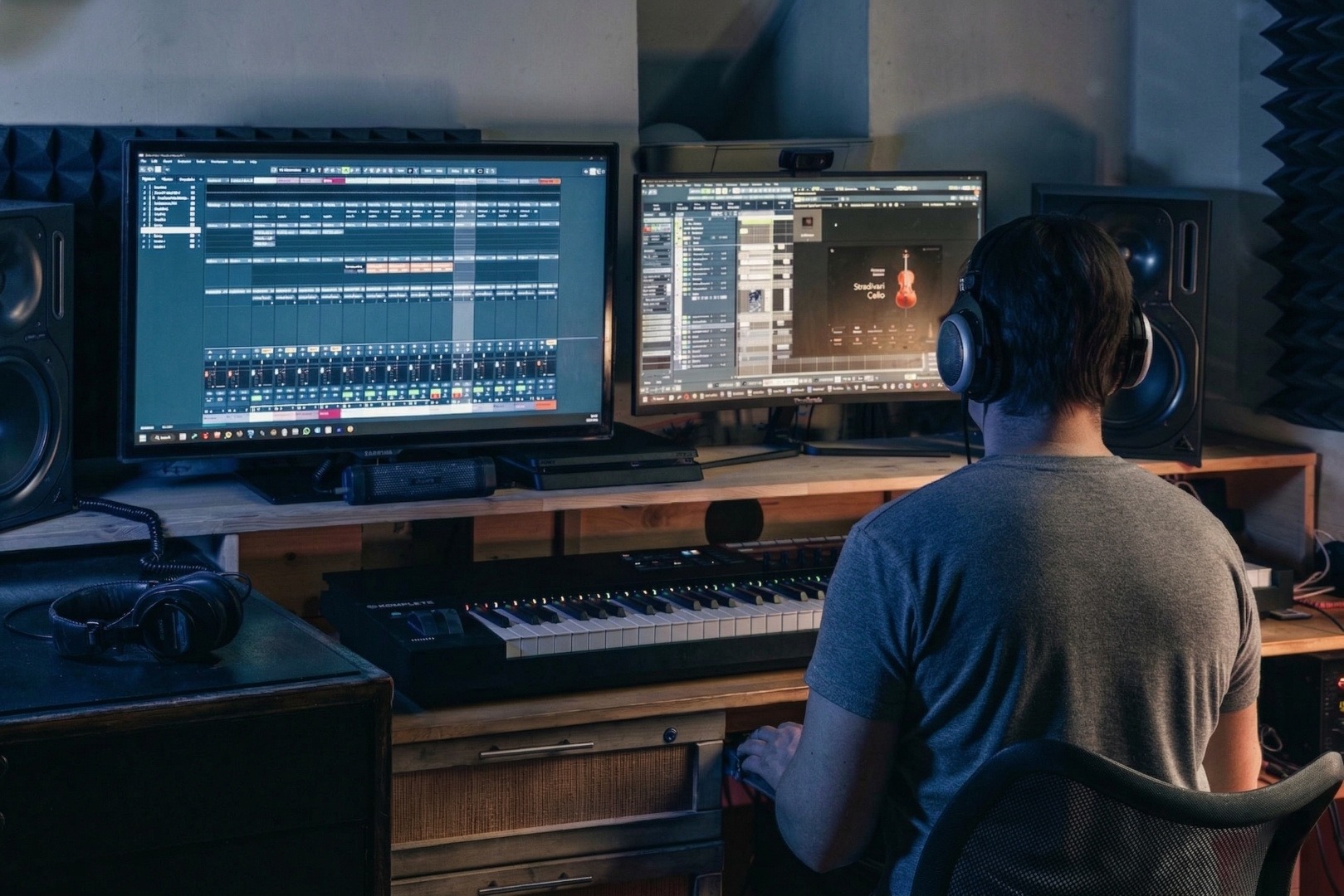 Working in studio at the production desk